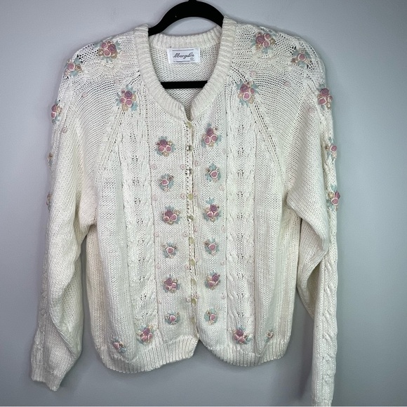 Margules Sweaters - Vintage Margules Cottagecore Cream Cardigan with Floral Accents Size Large
